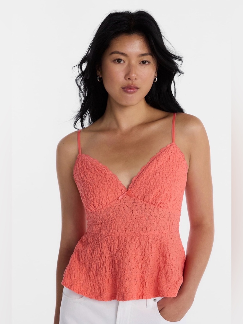 (480) Coral Peplum Lace Cami Top